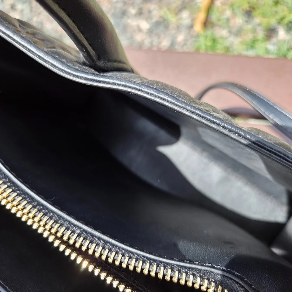 Michael Kors Black Embossed Leather Gold Logo Handbag Purse Maple Satchel - Picture 13 of 16